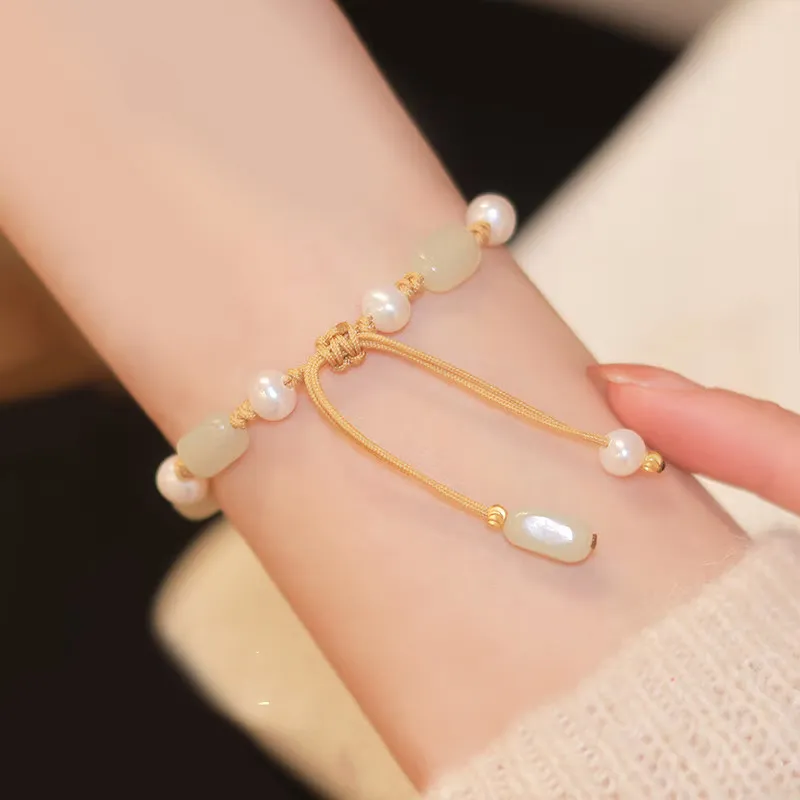 Gramda Hetian Jade Freshwater Pearl Hetian Jade Bracelets Women's Pale Greenish White Jade-2