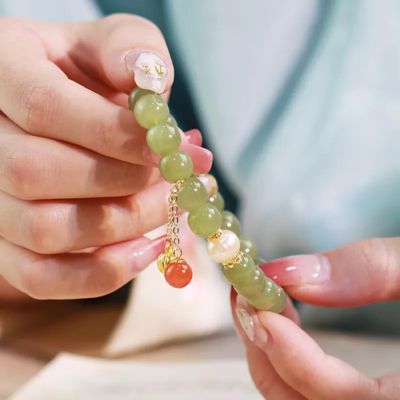 Gramda 925 Sterling Silver, Freshwater Pearl, Southern Red Agate, Hetian Jade Hetian Jade Bracelets Women's White Jade-3