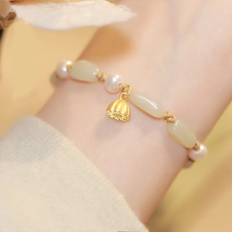Gramda Hetian Jade Freshwater Pearl Hetian Jade Bracelets Women's Pale Greenish White Jade-1