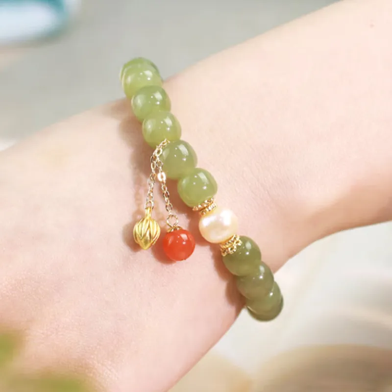 Gramda 925 Sterling Silver, Freshwater Pearl, Southern Red Agate, Hetian Jade Hetian Jade Bracelets Women's White Jade-4