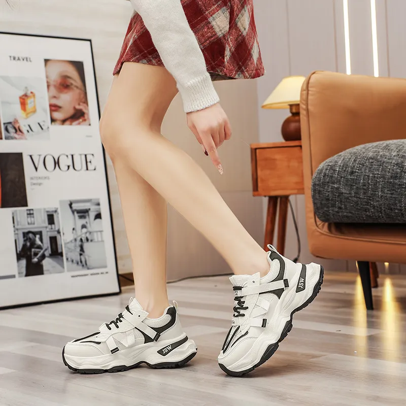 JEANSWEST Chunky Sneakers Women's Low Top White Black/Beige-2