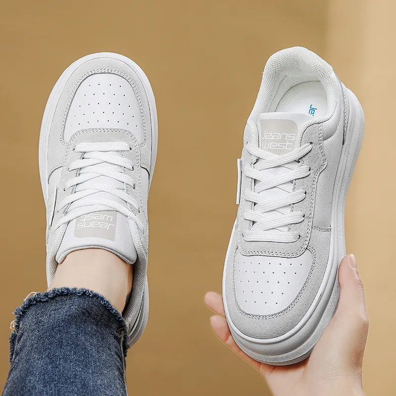 JEANSWEST Suede Flat Minimalist Style White Sneakers Height Increasing Lightweight Low Top Skateboard Shoes Women's-1