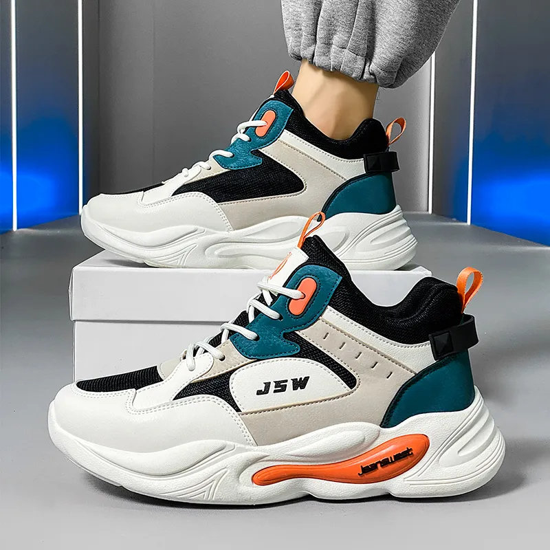 JEANSWEST Cushioning, Abrasion Resistant, Breathable, Height Increasing Mid Top Chunky Sneakers Men's White Orange-1