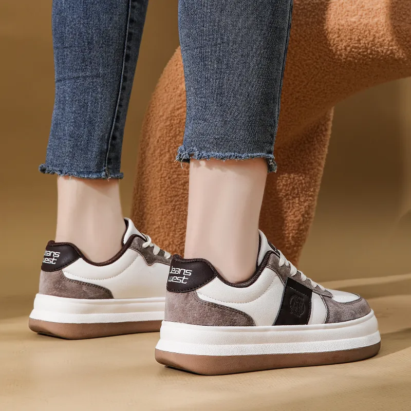 JEANSWEST Suede Flat Minimalist Style White Sneakers Height Increasing Lightweight Low Top Skateboard Shoes Women's-8