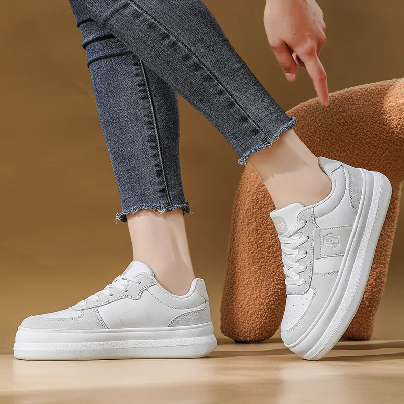 JEANSWEST Suede Flat Minimalist Style White Sneakers Height Increasing Lightweight Low Top Skateboard Shoes Women's-3