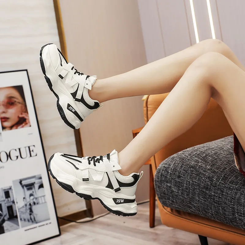 JEANSWEST Chunky Sneakers Women's Low Top White Black/Beige-4