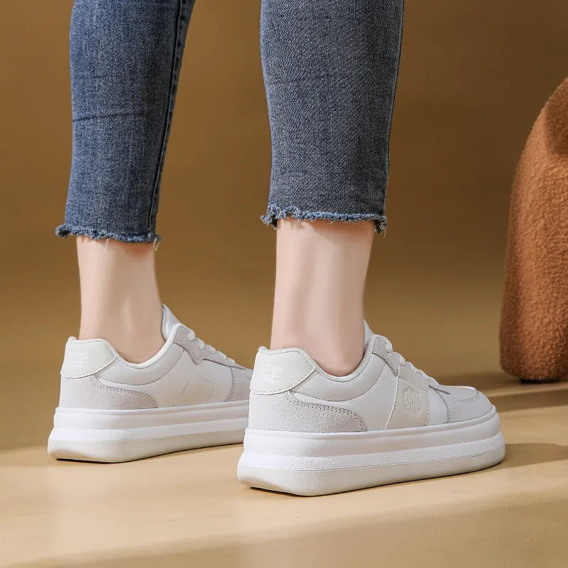 JEANSWEST Suede Flat Minimalist Style White Sneakers Height Increasing Lightweight Low Top Skateboard Shoes Women's-5