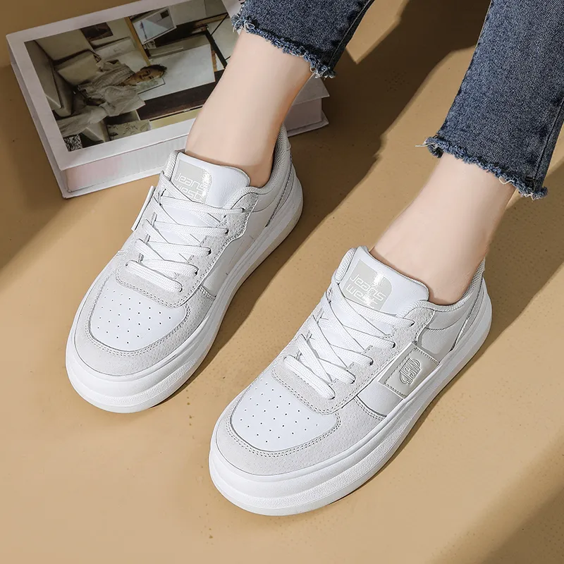 JEANSWEST Suede Flat Minimalist Style White Sneakers Height Increasing Lightweight Low Top Skateboard Shoes Women's-2