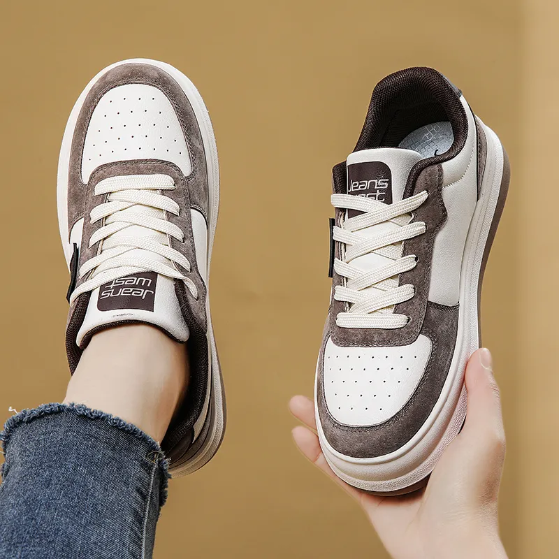 JEANSWEST Suede Flat Minimalist Style White Sneakers Height Increasing Lightweight Low Top Skateboard Shoes Women's-6