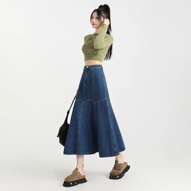 HELEH Denim Long Skirts Women's Vintage Blue-6