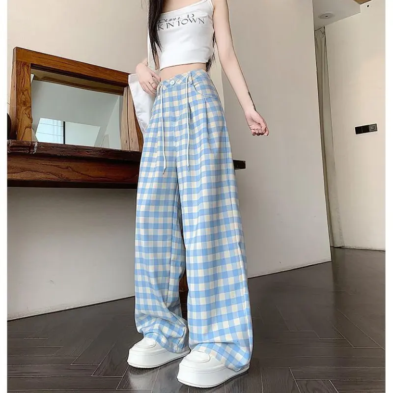 HELEH Casual Pants Women's Blue Plaid-2