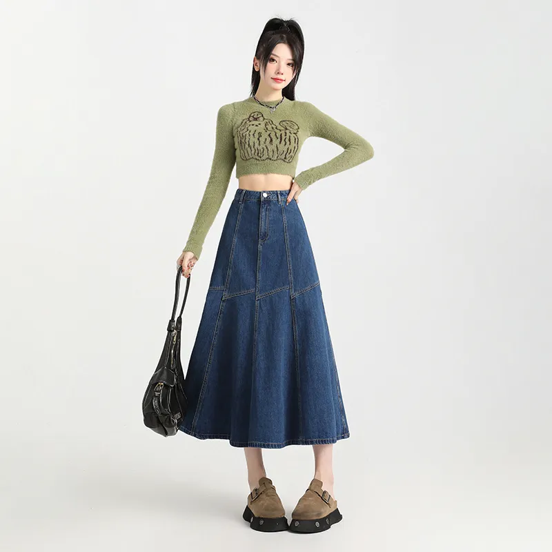 HELEH Denim Long Skirts Women's Vintage Blue-4
