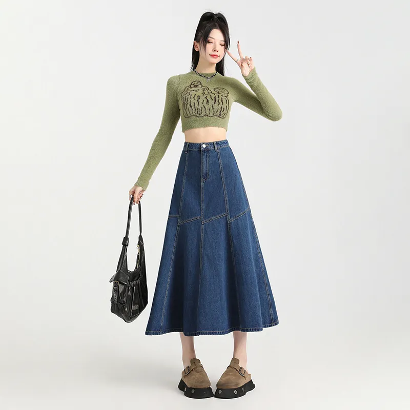 HELEH Denim Long Skirts Women's Vintage Blue-5