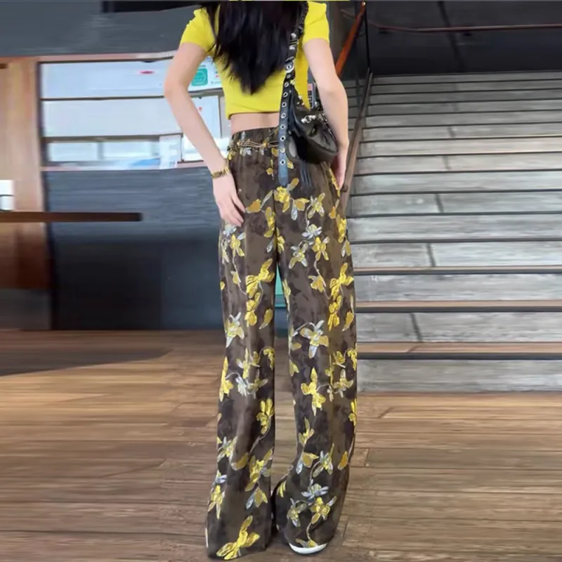 HELEH Casual Pants Women's Small Yellow Flower-2