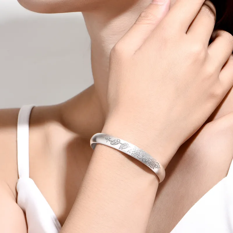 QINGFU 9999 Fine Silver Bangle Solid Open Ended Vintage Elegant Women's-5