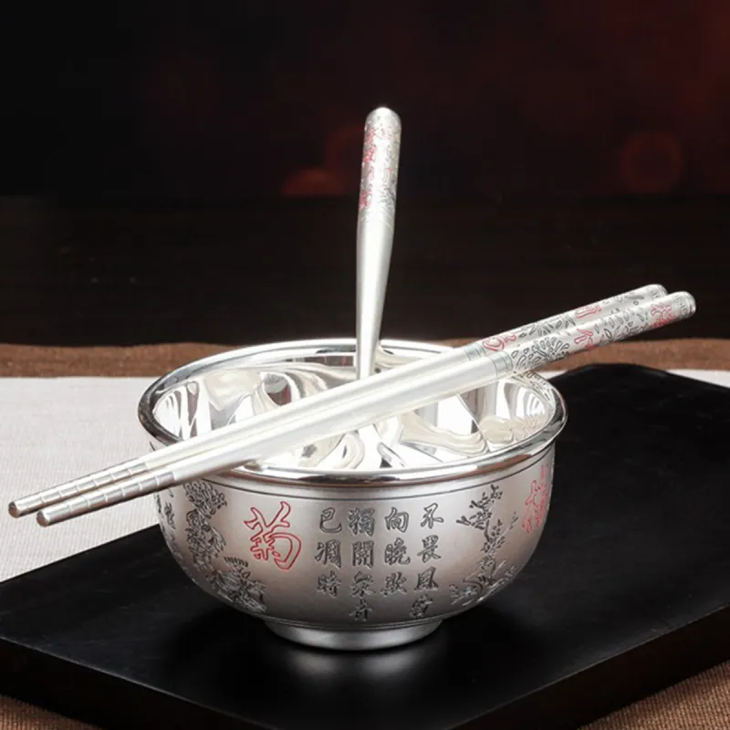 QINGFU 999 Fine Silver Bowl, Silver Spoon, Silver Chopsticks Unisex-1