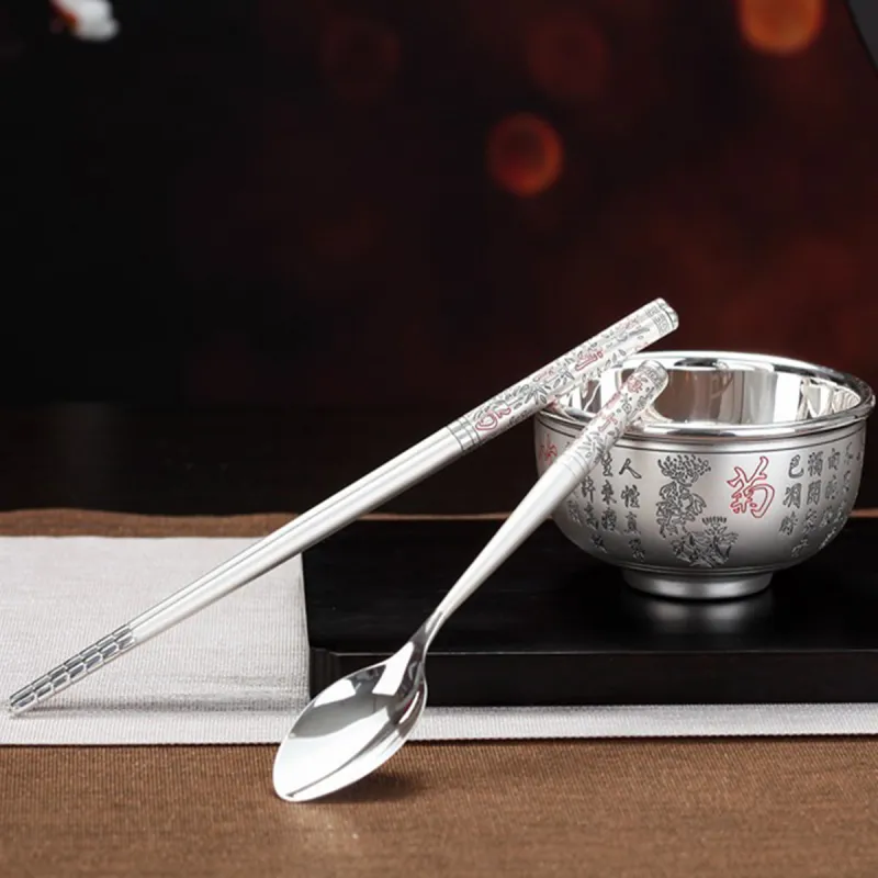 QINGFU 999 Fine Silver Bowl, Silver Spoon, Silver Chopsticks Unisex-2