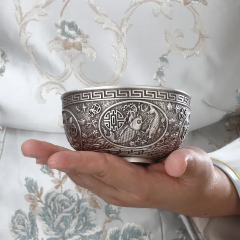 QINGFU 999 Fine Silver Bowl, Chopsticks, And Spoon Three Piece Set Unisex-7