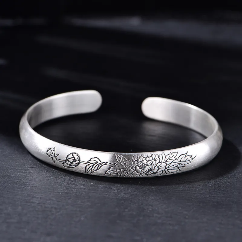 QINGFU 9999 Fine Silver Bangle Solid Open Ended Vintage Elegant Women's-3