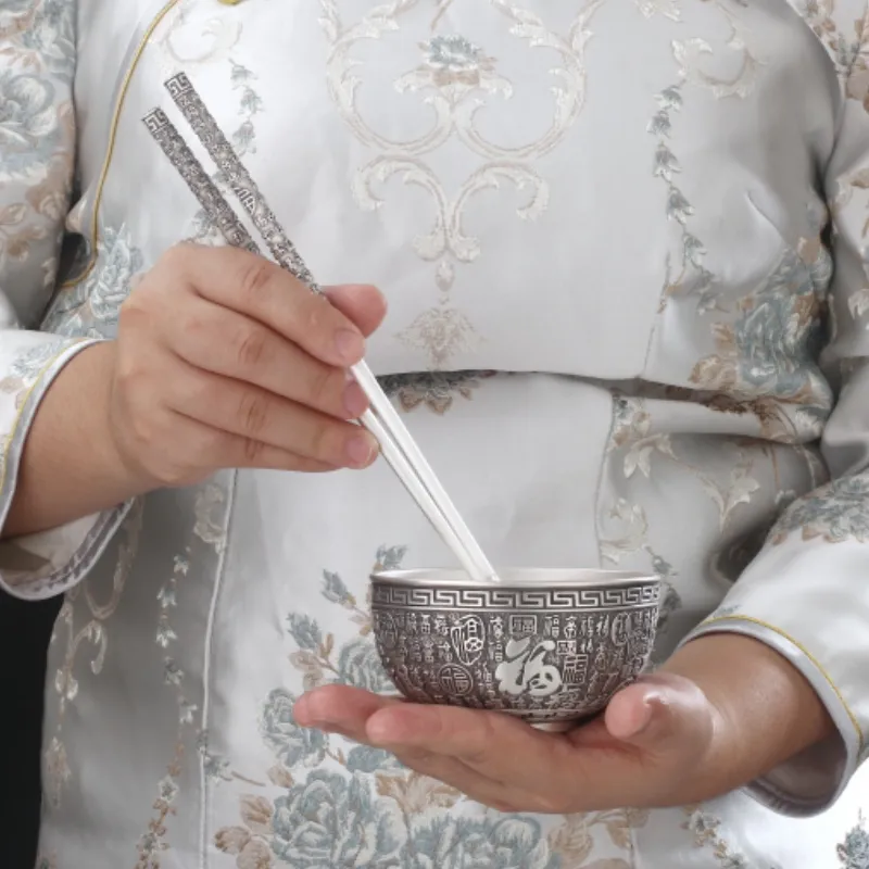QINGFU 999 Fine Silver Sterling Silver Bowl, Chopsticks, And Spoon Set Unisex-4