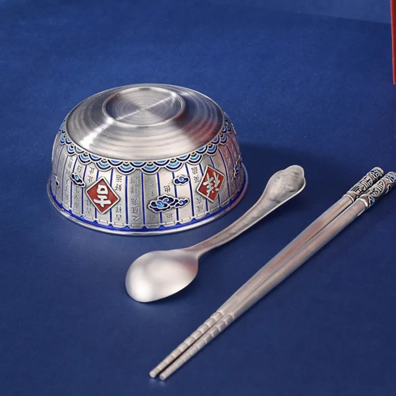 QINGFU 999 Fine Silver Bowl Chopsticks Spoon Unisex-2
