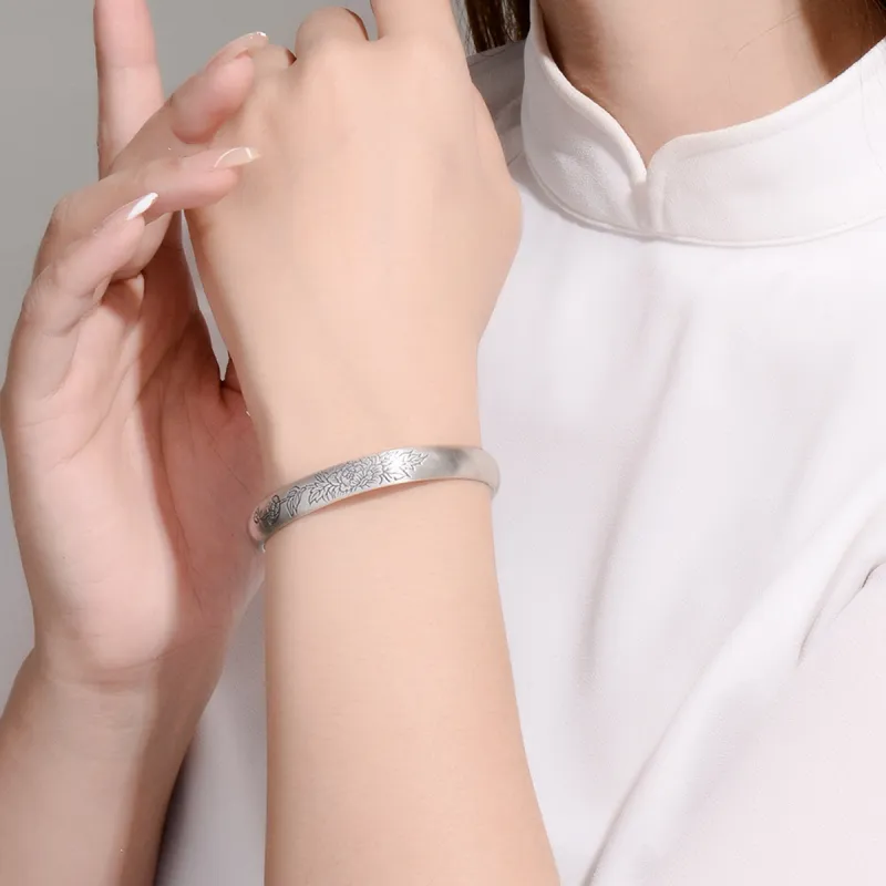 QINGFU 9999 Fine Silver Bangle Solid Open Ended Vintage Elegant Women's-4