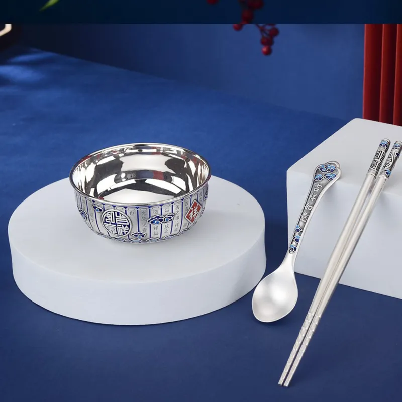 QINGFU 999 Fine Silver Bowl Chopsticks Spoon Unisex-1