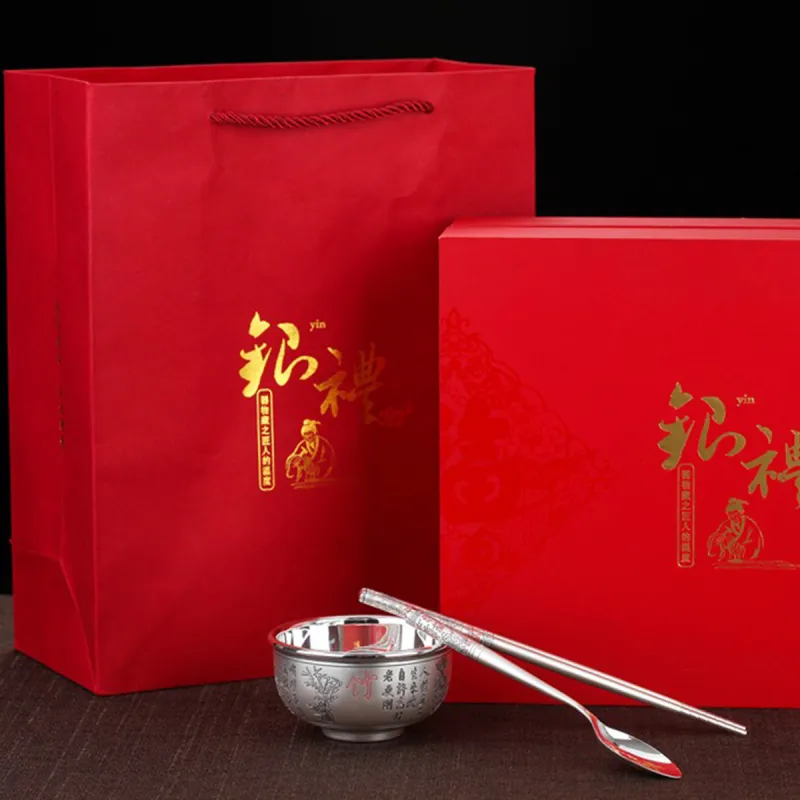 QINGFU 999 Fine Silver Bowl, Silver Spoon, Silver Chopsticks Unisex-7