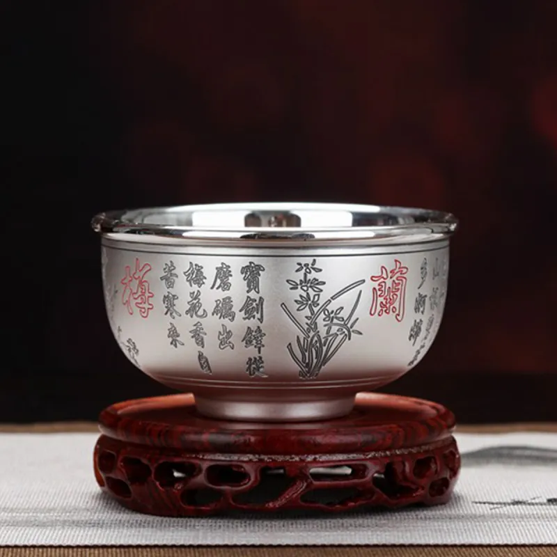 QINGFU 999 Fine Silver Bowl, Silver Spoon, Silver Chopsticks Unisex-3