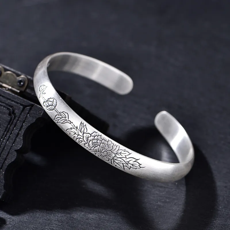 QINGFU 9999 Fine Silver Bangle Solid Open Ended Vintage Elegant Women's-2