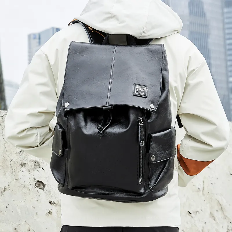 FAIRWHALE PU Backpack Laptop Bags Large Size Unisex Black-3