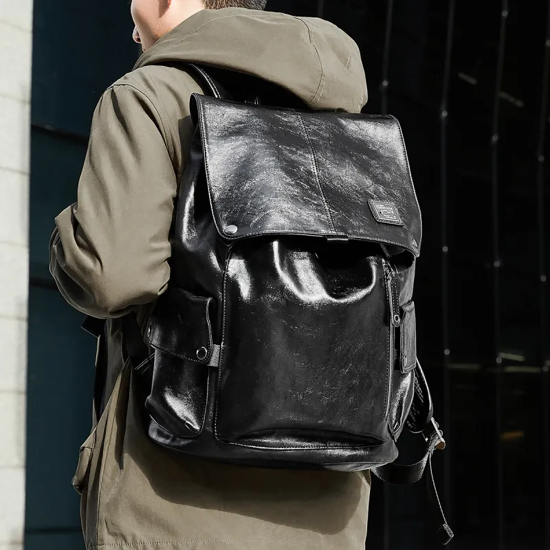 FAIRWHALE PU Backpack Laptop Bags Large Size Unisex Black-4