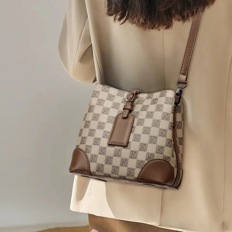 FAIRWHALE PVC And Synthetic Leather One Shoulder Crossbody Bucket Bag Brown-4