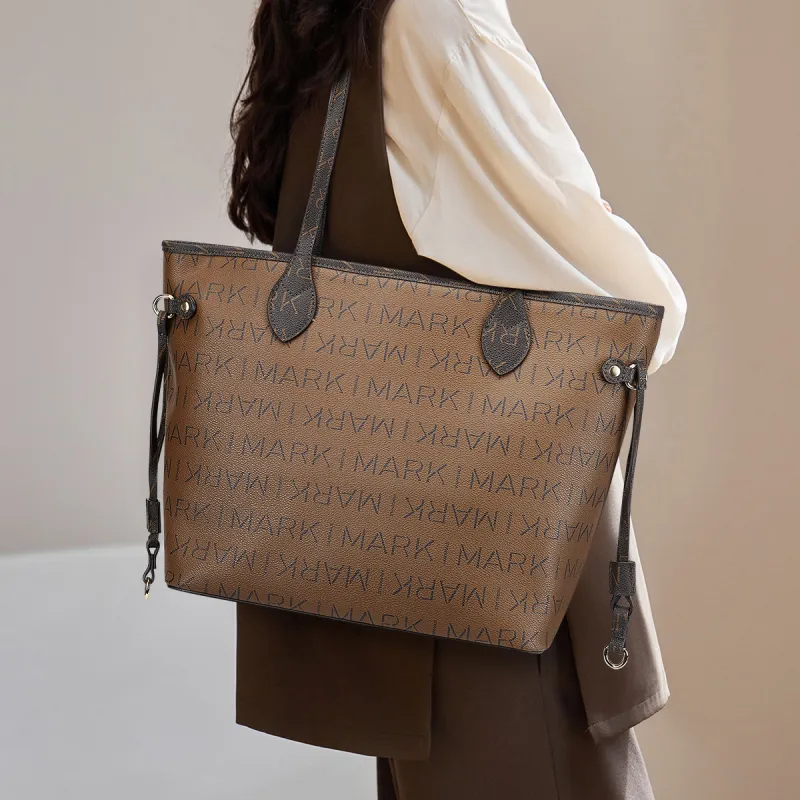 FAIRWHALE PVC Tote Bag, Shopping Bag, Shoulder Bag Regular Women's Light Gray/Dark Brown-5