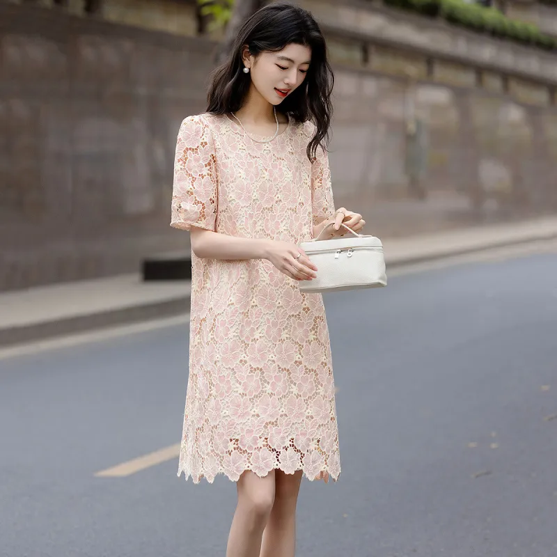 【dme】 Short Sleeved Dress Women's Leather Pink-4