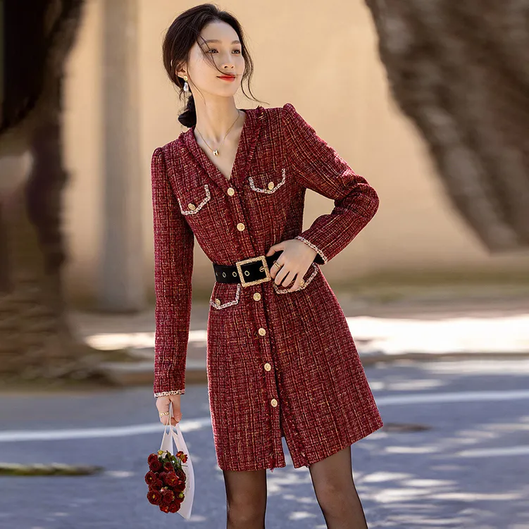 【dme】 Long Sleeved Dresses Women's Dark Red-2