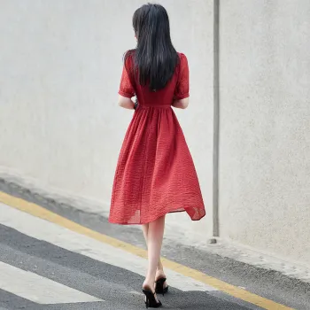 【dme】 Short Sleeved Dress Women's Brick Red