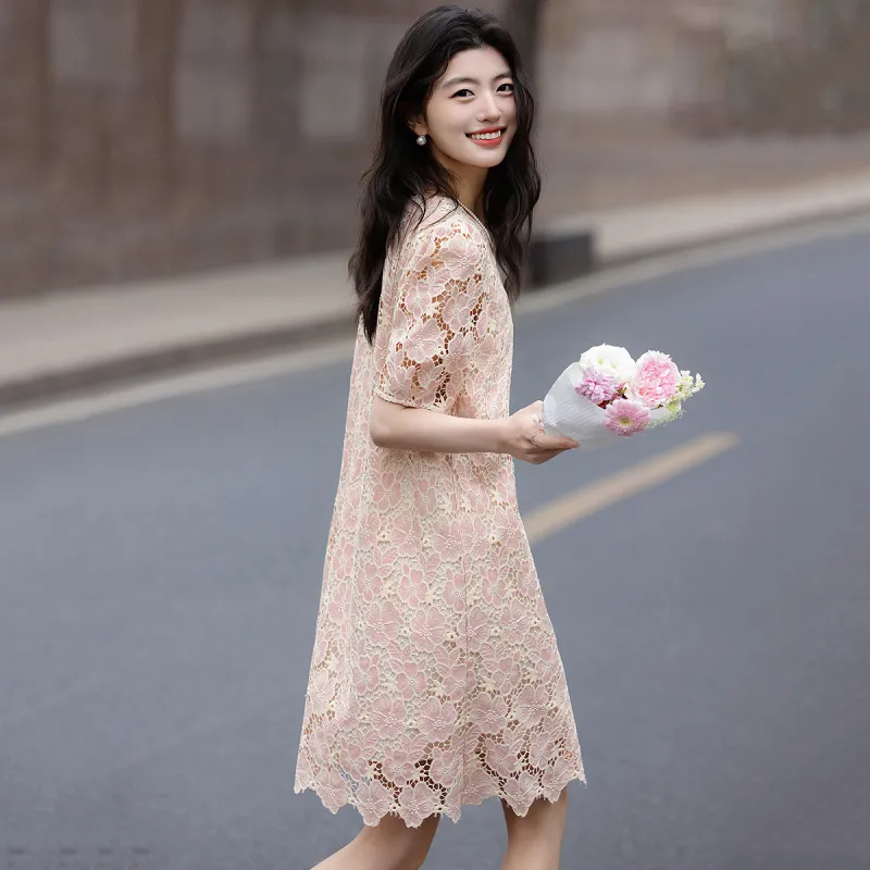 【dme】 Short Sleeved Dress Women's Leather Pink-1
