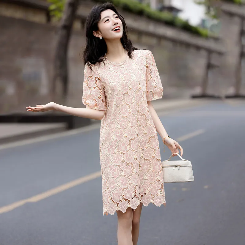 【dme】 Short Sleeved Dress Women's Leather Pink-3