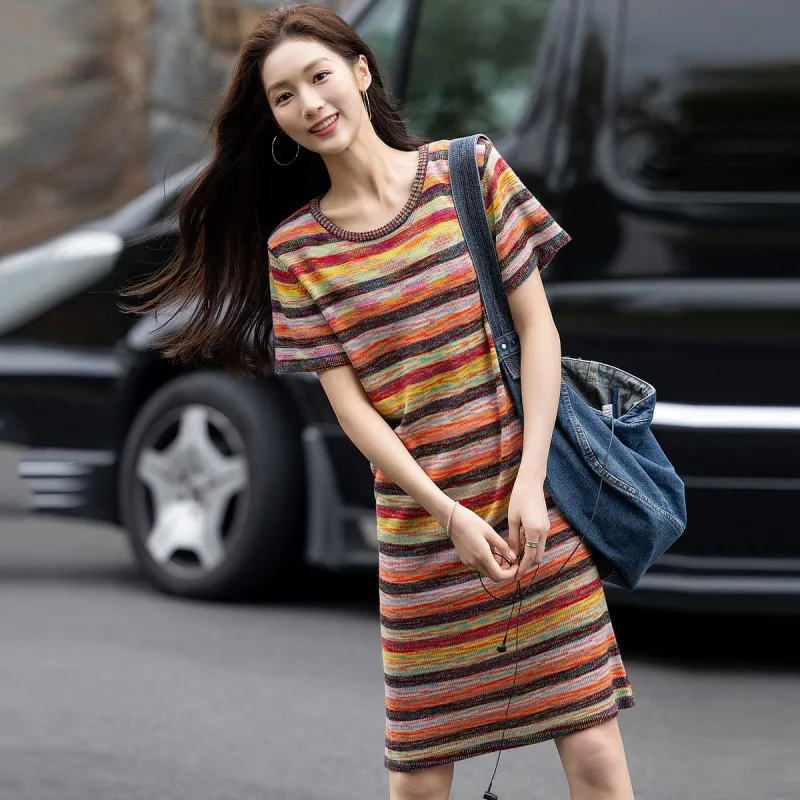 【dme】 Short Sleeved Dress Women's Orange Red-4
