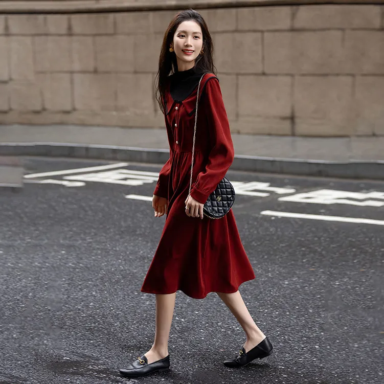 【dme】 Long Sleeved Dresses Women's Berry Red-2