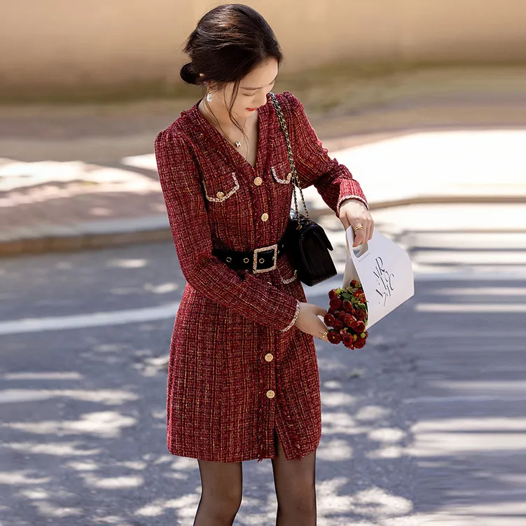 【dme】 Long Sleeved Dresses Women's Dark Red-3