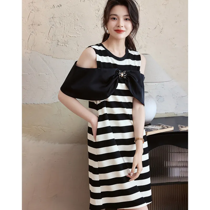 Dme Sleeveless Dresses Women's Black White Stripes-3