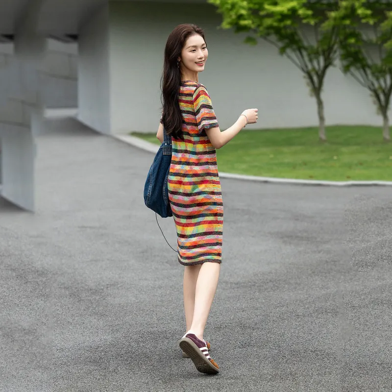 【dme】 Short Sleeved Dress Women's Orange Red-5