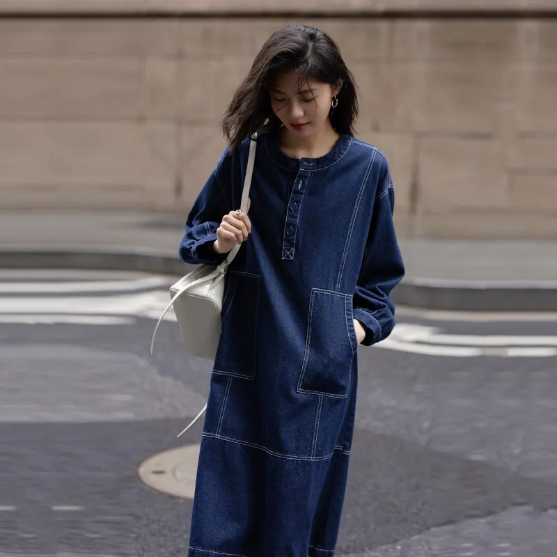 【dme】 Long Sleeved Dress Women's Denim Blue-1