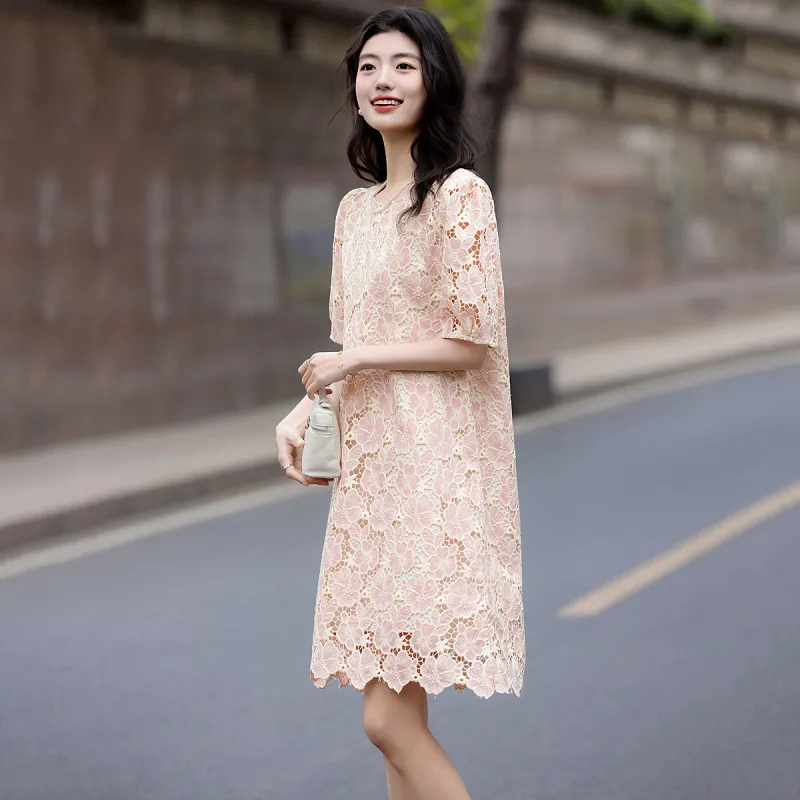 【dme】 Short Sleeved Dress Women's Leather Pink-5