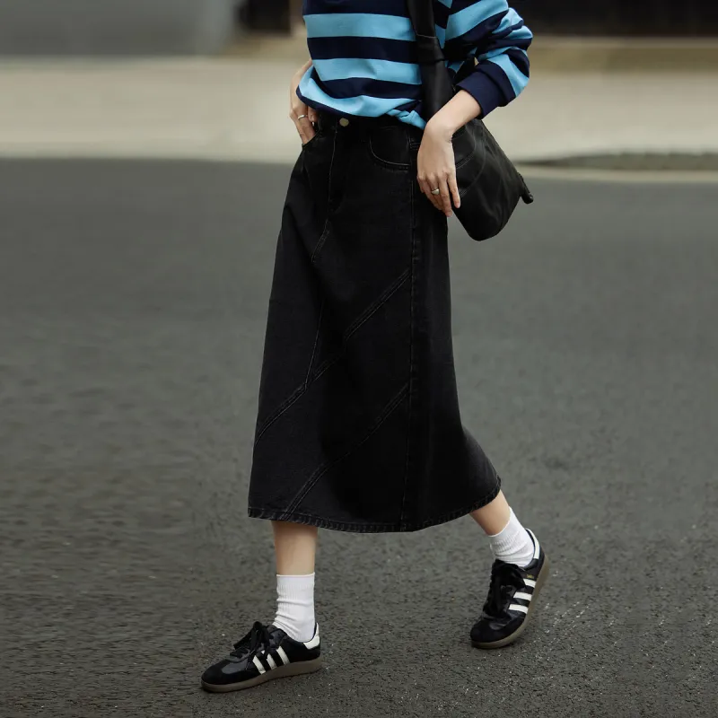 【dme】 Denim Long Skirts Women's Black Gray-2