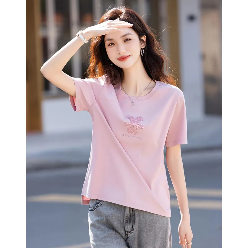 【dme】 Summer Regular T Shirt Women's Leather Pink-3