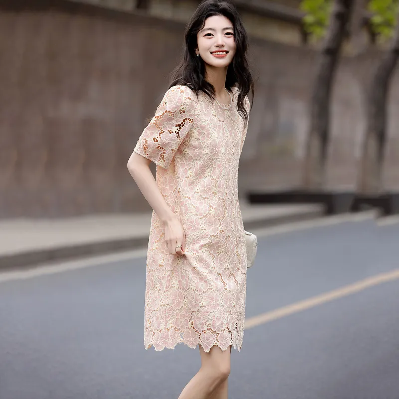【dme】 Short Sleeved Dress Women's Leather Pink-2