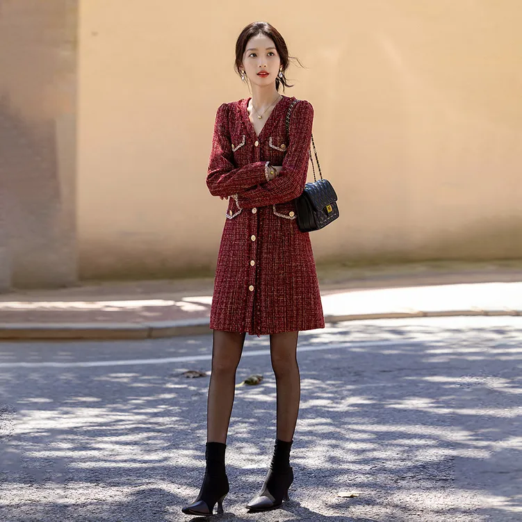 【dme】 Long Sleeved Dresses Women's Dark Red-1